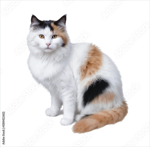 Cute sitting cat with fluffy fur and fluffy tail, black white and orange, realistic vector illustration isolated on white background