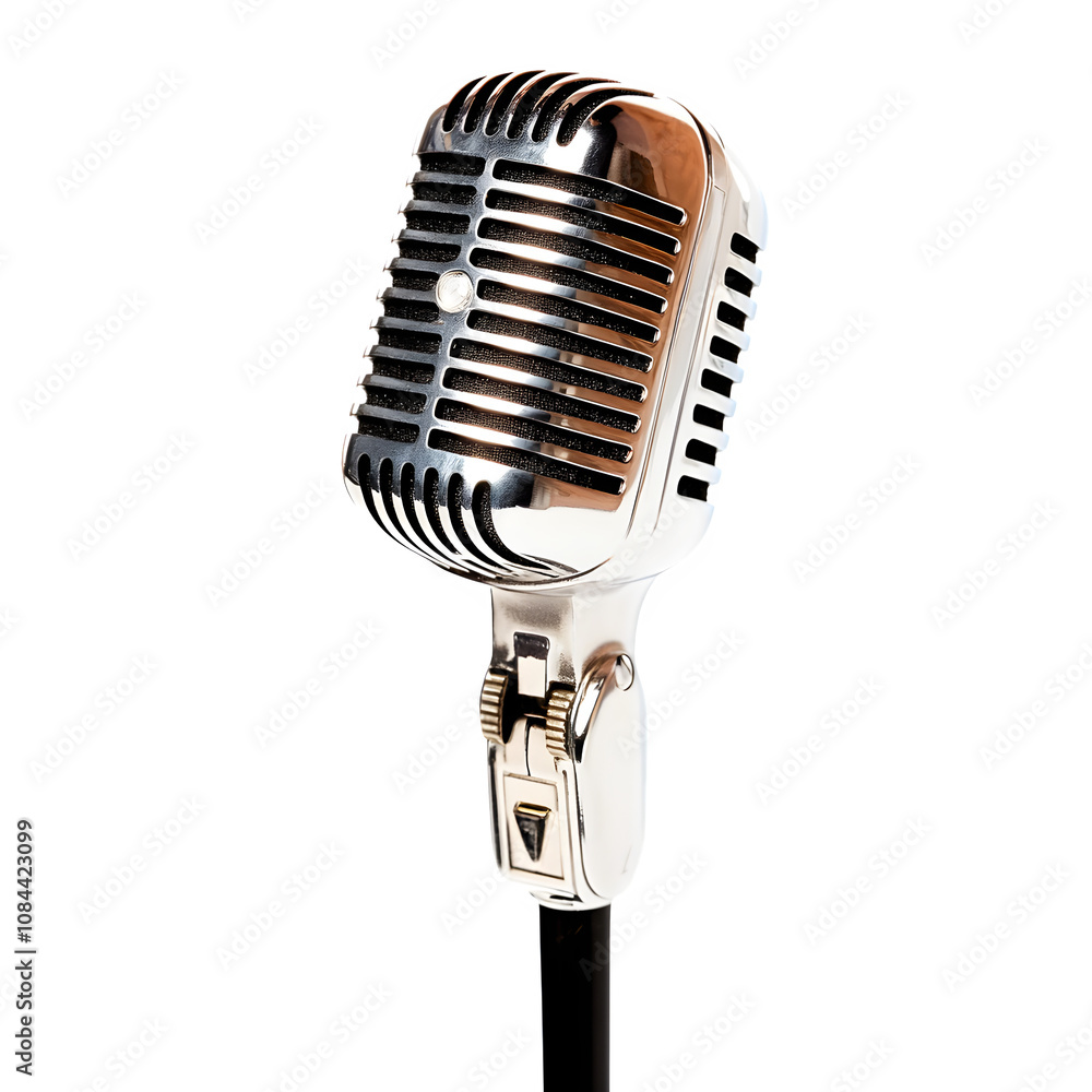 Fototapeta premium Vintage silver microphone on black stand isolated on transparent background, ready for recording vocals or speaking