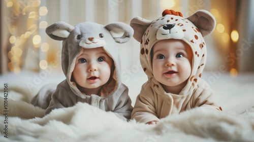 Twin babies dressed up in playful animal costumes