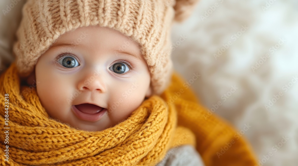 A smiling baby in a knitted hat and scarf with a vibrant yellow touch conveys joy and warmth, epitomizing youthful energy and delight in simple things. A smiling baby in a knitted hat and scarf with a vibrant yellow touch conveys joy and warmth, epitomizing youthful energy and delight in simple things.