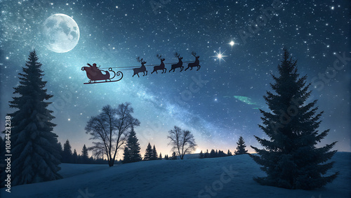 Santa Claus flying in a sleigh with reindeer at night in a snowy landscape under a full moon
