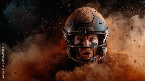 A football player wearing eye black and a helmet is enshrouded in swirling dust, expressing raw power and determination in the midst of intense competition. photo