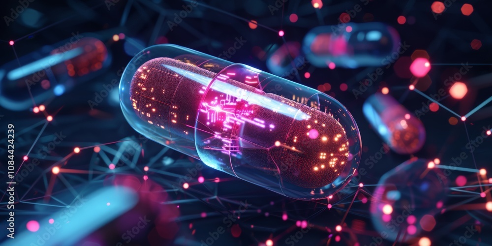 Futuristic concept of a smart pill powered by AI technology, representing innovation in precision medicine and digital health. Futuristic concept of a smart pill powered by AI technology, representing innovation in precision medicine and digital health.