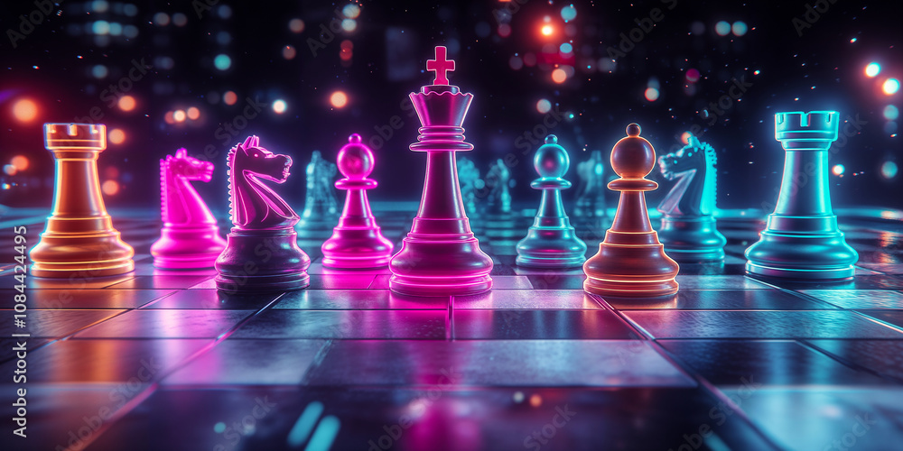 A colorful futuristic chessboard with neon pieces. On a dark background The scene is playful and fun A colorful futuristic chessboard with neon pieces. On a dark background The scene is playful and fun