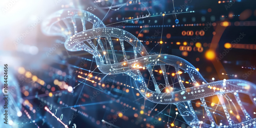 Fototapeta premium Double helix DNA structure, showcasing the cutting-edge world of biotechnology and genetic research. This futuristic design highlights the innovation in molecular biology and gene analysis