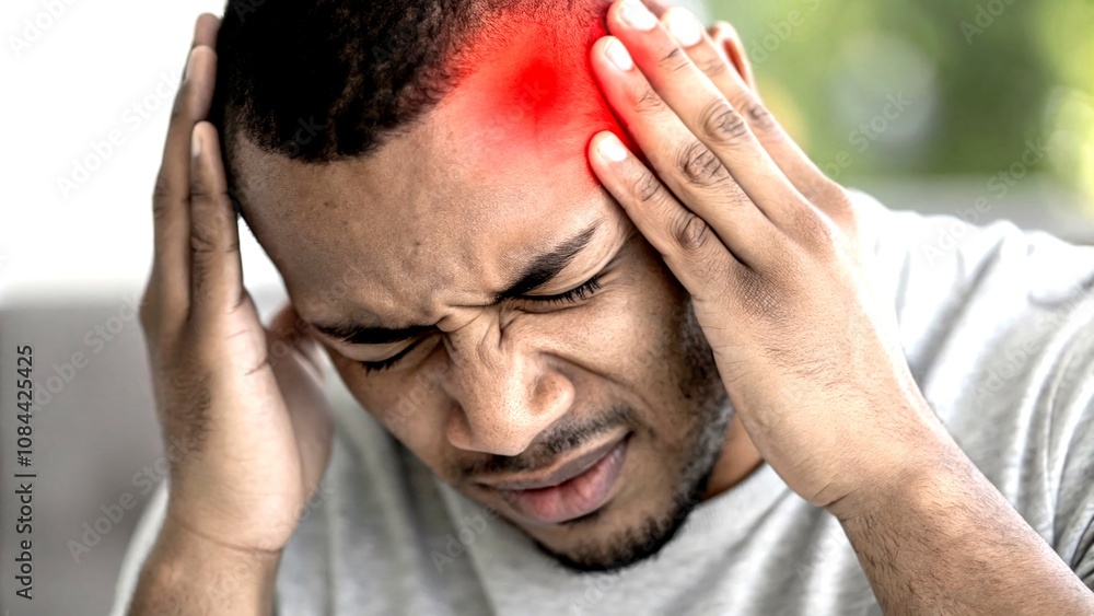 Fototapeta premium Close-Up of a Man in Pain with Glowing Red Marks Signifying Severe Headache or Migraine, Capturing Discomfort and Medical Condition in Food Photography Style