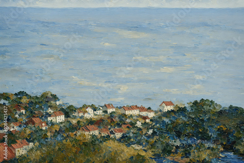 Seascape Painting: A captivating oil painting of a tranquil seascape, featuring a serene expanse of blue water rippling gently under a soft, gray sky.  The foreground depicts a rocky shoreline.