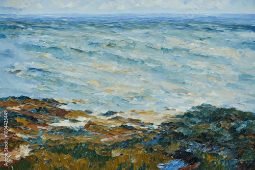 Seascape Painting: A captivating oil painting of a tranquil seascape, featuring a serene expanse of blue water rippling gently under a soft, gray sky.  The foreground depicts a rocky shoreline.