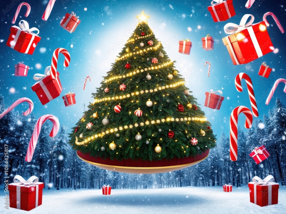 Obraz premium A surreal Christmas scene with a floating tree surrounded by candy canes, snow, and gift boxes, creating a magical, festive atmosphere in the air