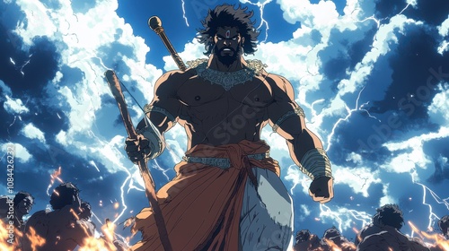 Anime-style Bhima in Dynamic Pose: Wielding Mace Gada in Royal Attire Amid Defeated Enemies, Storm Clouds, and Cracking Ground with Intense Expression.