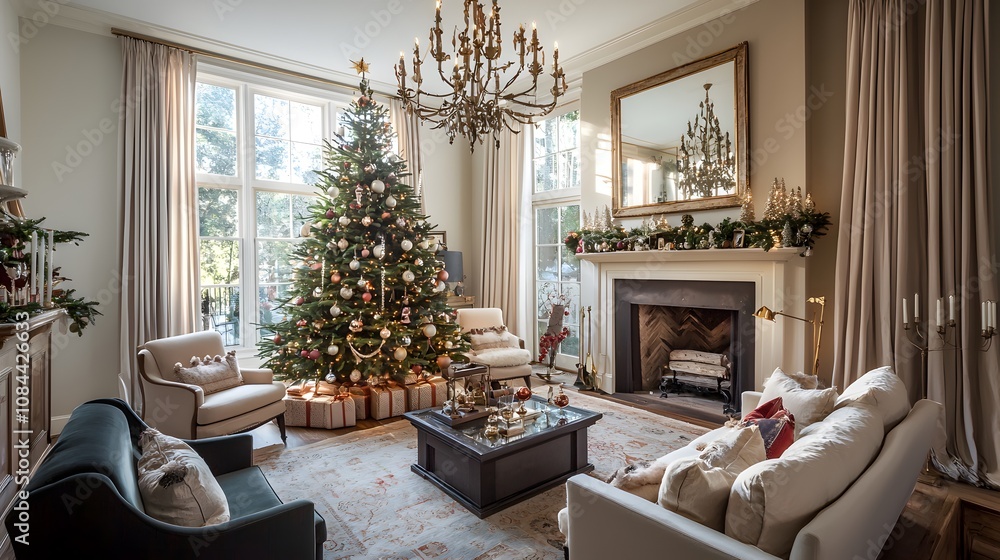 Fototapeta premium Cozy holiday gathering elegant living room interior decor festive atmosphere warm lighting christmas spirit