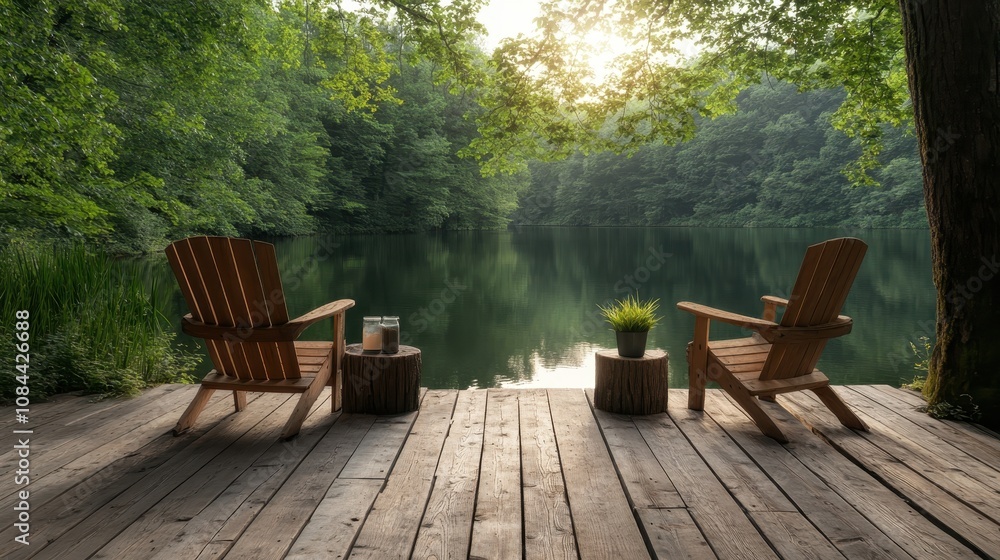 Beautiful setting with two wooden chairs, a plant, and a lake backdrop, surrounded by sunlit trees offering a peaceful retreat into nature's calming embrace. Beautiful setting with two wooden chairs, a plant, and a lake backdrop, surrounded by sunlit trees offering a peaceful retreat into nature's calming embrace.