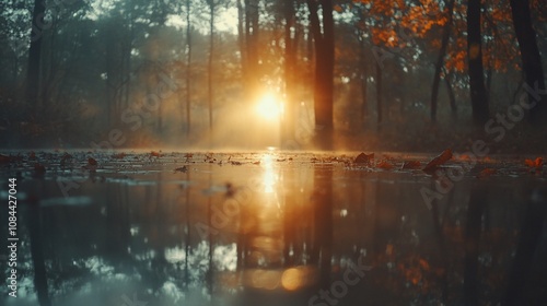 Misty forest path at sunrise with leaves in the water.