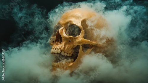 A captivating golden skull is enshrouded by swirling smoke, evoking a sense of mystery, elegance, and timelessness in a visually compelling manner. photo