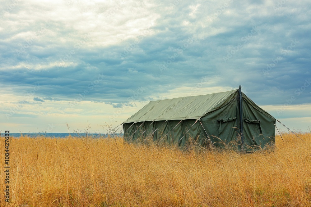 Green Tent in Open Field Under Dramatic Sky Green Tent in Open Field Under Dramatic Sky