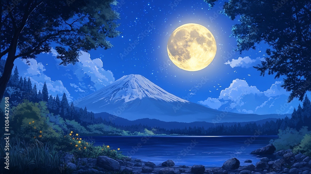 Full moon over a snow-capped mountain with a lake and forest in the foreground. Full moon over a snow-capped mountain with a lake and forest in the foreground.