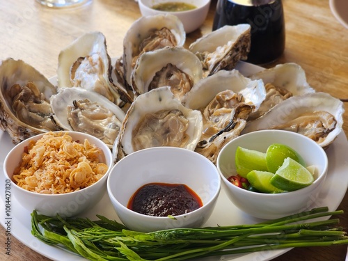 Savoring fresh oysters seafood restaurant culinary delight coastal setting close-up gastronomic experience photo