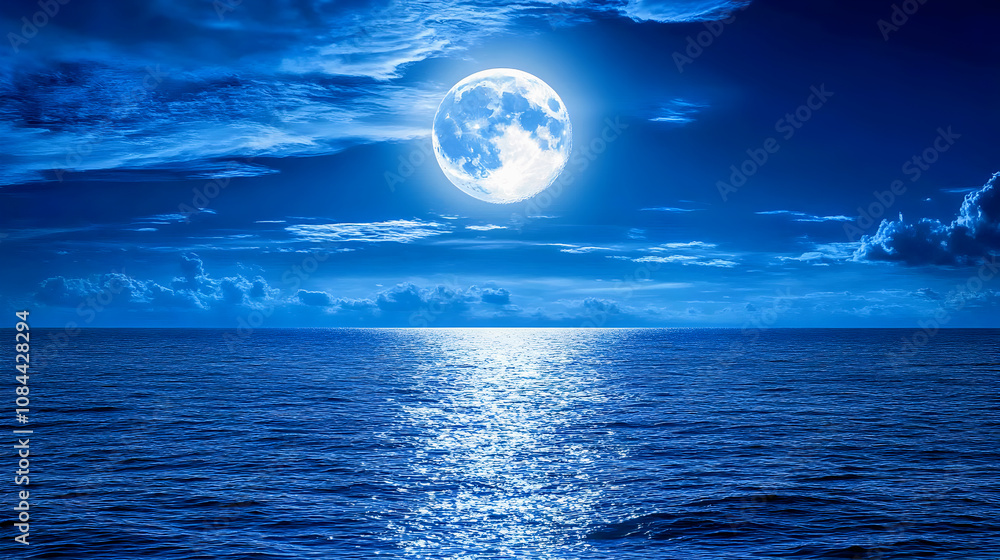 The full moon casts a silvery glow on the tranquil ocean, reflecting the celestial beauty of the night sky The full moon casts a silvery glow on the tranquil ocean, reflecting the celestial beauty of the night sky