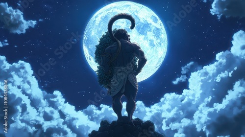 Anime-inspired Hanuman: Muscular Form Carrying Sanjeevani Mountain Under Full Moon, Divine Tail Wrapped Around Base, Glowing Herbs and Volumetric Night Sky Lighting.