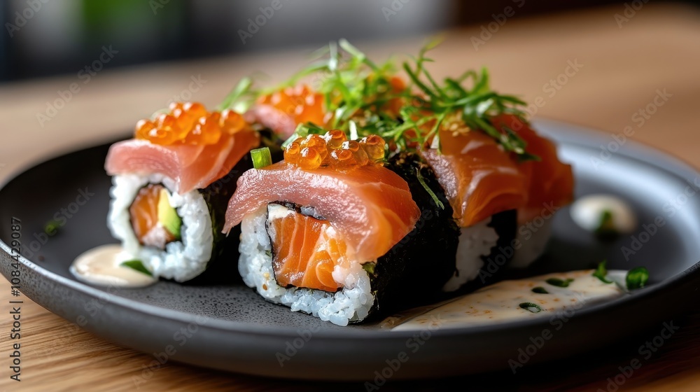 A luxury plate of sushi rolls topped with salmon roe, elegantly arranged on a dark ceramic plate, enhanced with herbs and accompanied by a flavorful sauce. A luxury plate of sushi rolls topped with salmon roe, elegantly arranged on a dark ceramic plate, enhanced with herbs and accompanied by a flavorful sauce.