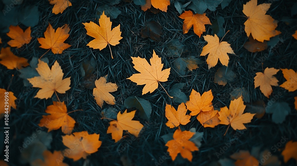 A close-up shot of colorful autumn leaves on a bed of green grass. A close-up shot of colorful autumn leaves on a bed of green grass.