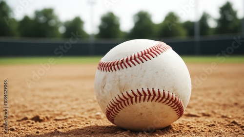 A close-up view of a baseball resting on the sandy infield during a sunny afternoon practice session