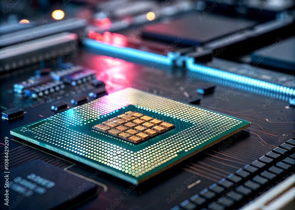 Closeup of a Semiconductor Wafer Surrounded by Modern Microchips, Highlighting Intricate Designs and Vibrant Lighting in a High-Tech Environment Closeup of a Semiconductor Wafer Surrounded by Modern Microchips, Highlighting Intricate Designs and Vibrant Lighting in a High-Tech Environment