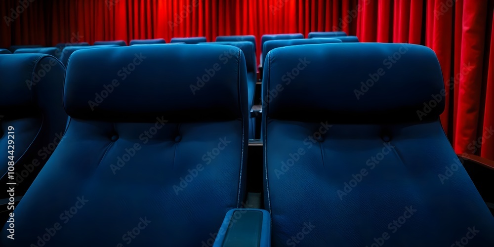 Obraz premium Luxury movie theater seating with blue velvet upholstery and tufted buttons. Perfect for a high end cinema experience. 