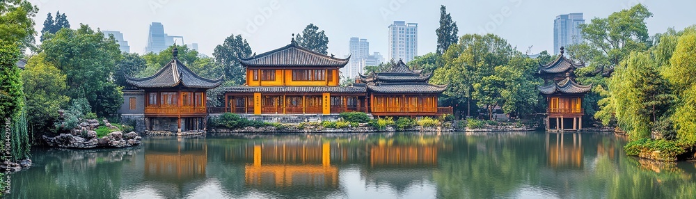 Fototapeta premium Serene water reflection of traditional architecture urban landscape photography tranquil environment scenic viewpoint cultural heritage