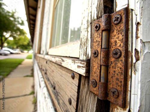 Closeup of a Wornout Door Hinge with Steel Attachments on Door Jamb Showcasing Detailed Texture and Weathered Finish in Tilt-Shift Photography Style photo