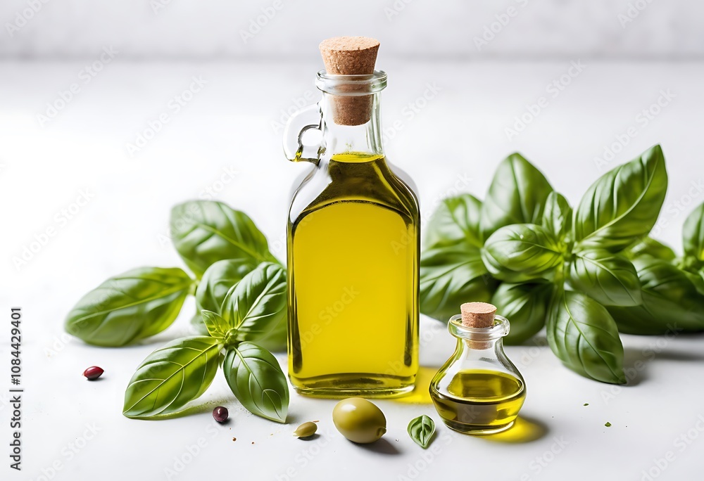 Bottle of fresh olive oil and olives with leaves on white background Bottle of fresh olive oil and olives with leaves on white background