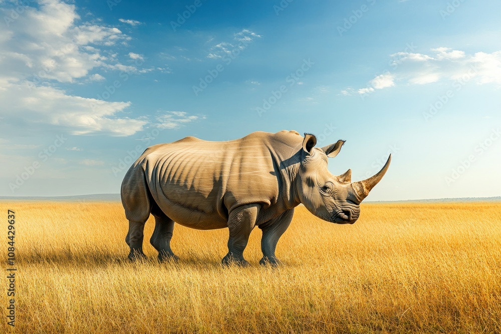 Fototapeta premium Majestic Rhinoceros in Golden Grassland Under Blue Sky
