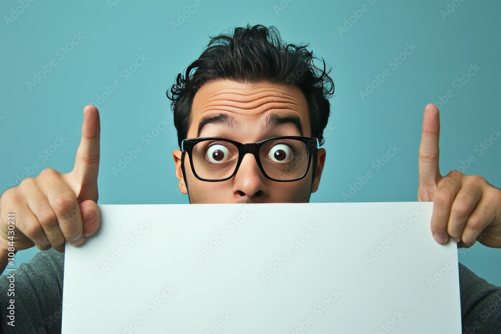Excited Person Holding Blank Sign with Surprise Expression Excited Person Holding Blank Sign with Surprise Expression