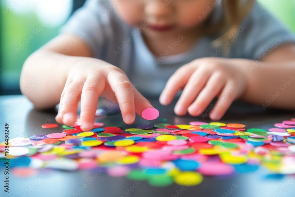 Child Playing with Colorful Craft Dots on Table Child Playing with Colorful Craft Dots on Table