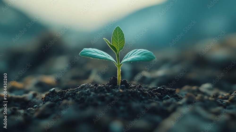 A single green sprout emerges from rich dark soil, signifying new life and growth. A single green sprout emerges from rich dark soil, signifying new life and growth.