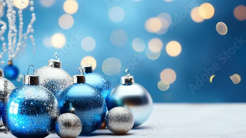 Blue and silver Christmas ornaments with glowing lights in the background. zoom in, zoom out, pan, or 360 degree shot, animate