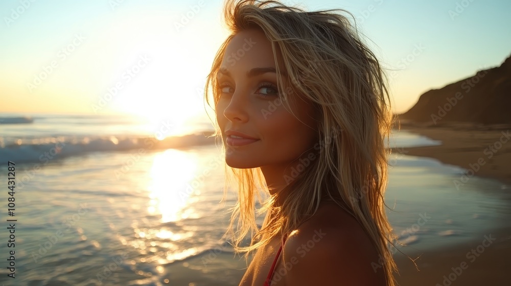 A glamorous woman basks in the golden hour light, her sunglasses glinting as she smiles softly, embodying elegance and bliss amidst the sea's rhythmic tides. A glamorous woman basks in the golden hour light, her sunglasses glinting as she smiles softly, embodying elegance and bliss amidst the sea's rhythmic tides.