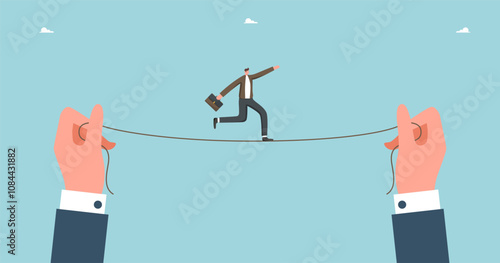 Leadership to achieve highest result, teamwork to find the right strategy and business prosperity, mentoring to achieve business goals and win, large hands hold the rope on which the man is walking.