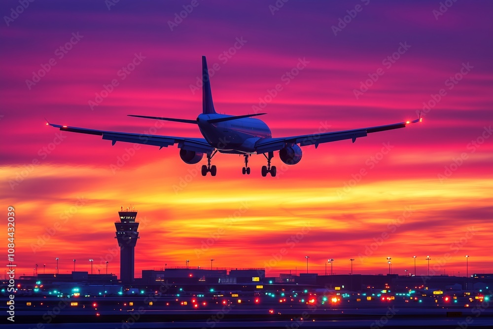 A large jet is flying over a city at sunset. The sky is filled with a beautiful array of colors, creating a serene and peaceful atmosphere. The city below is bustling with activity, as numerous cars A large jet is flying over a city at sunset. The sky is filled with a beautiful array of colors, creating a serene and peaceful atmosphere. The city below is bustling with activity, as numerous cars