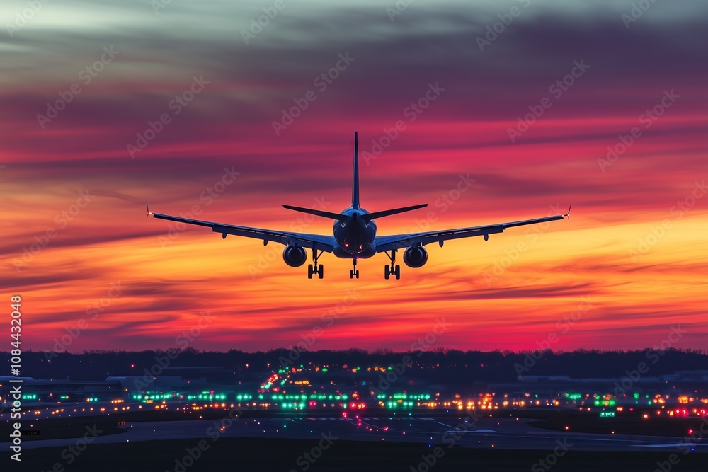 A jet plane is flying through a beautiful sunset. The sky is filled with vibrant colors, creating a serene and peaceful atmosphere. The plane is the main focus of the image A jet plane is flying through a beautiful sunset. The sky is filled with vibrant colors, creating a serene and peaceful atmosphere. The plane is the main focus of the image