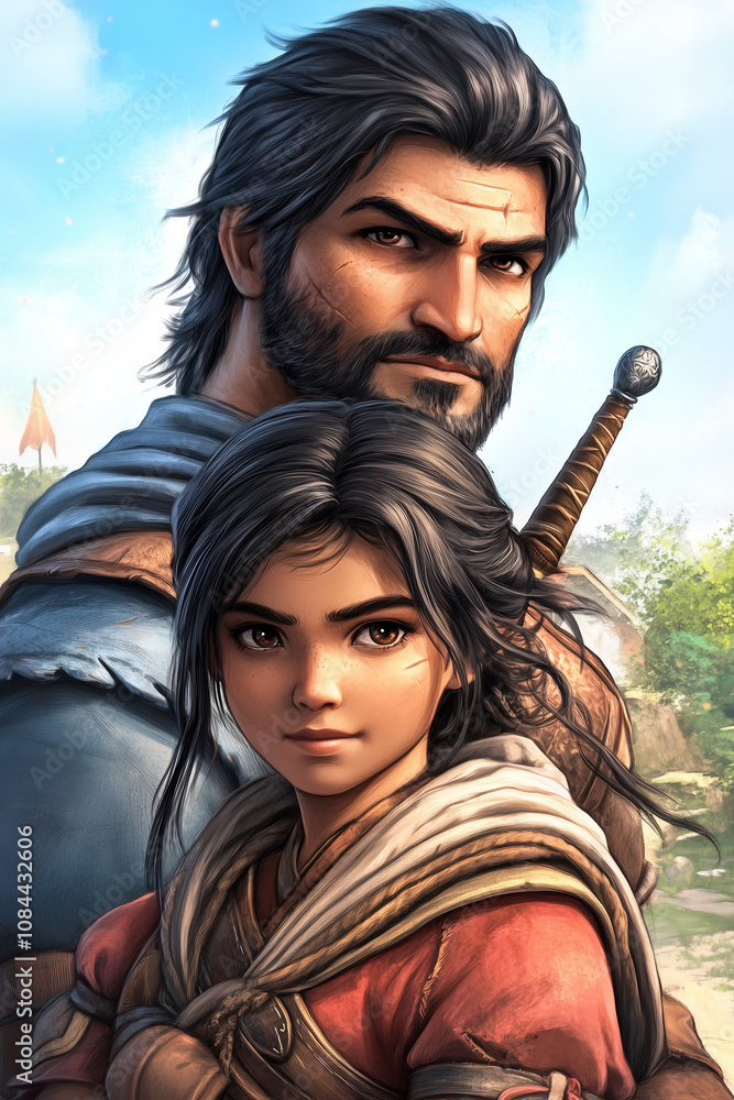 Obraz premium Father and daughter standing together in heroic pose