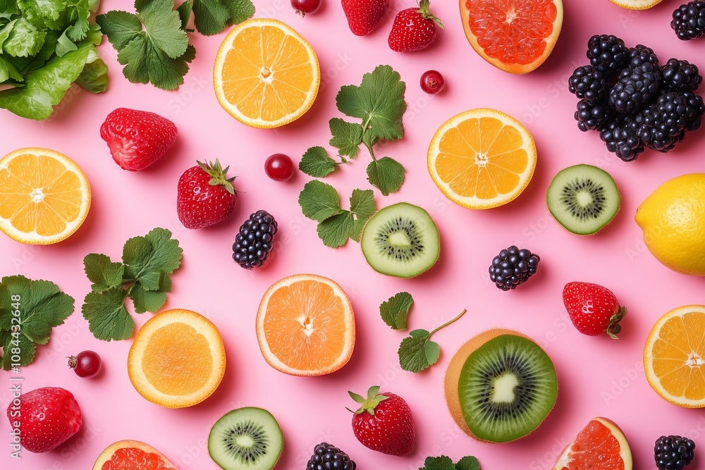 A colorful fruit salad with a pink background. The fruits include oranges, kiwis, strawberries, and blackberries A colorful fruit salad with a pink background. The fruits include oranges, kiwis, strawberries, and blackberries