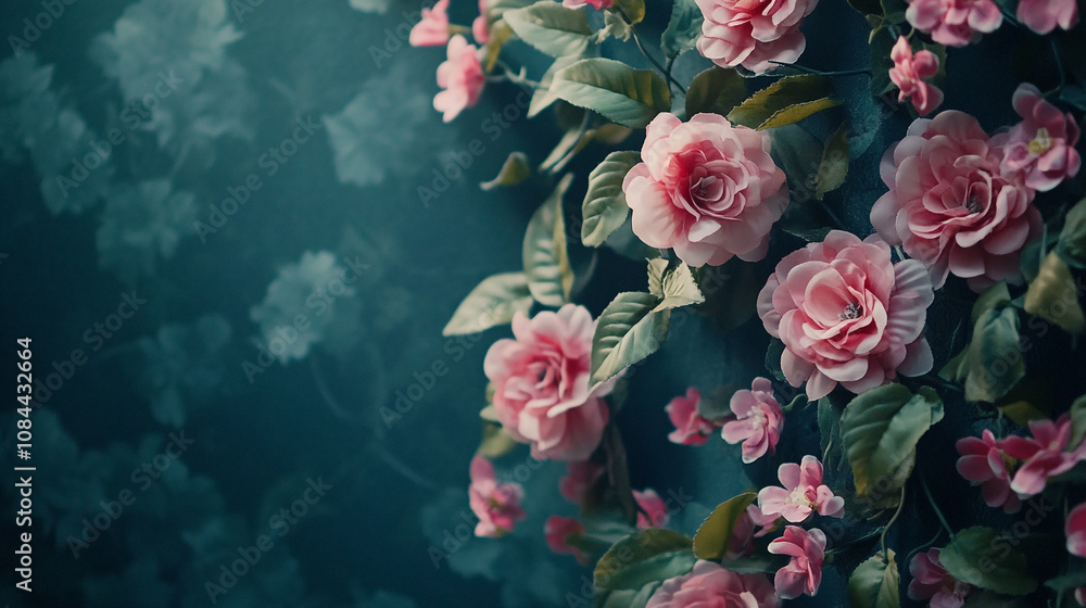 Beautiful pink roses adorn a textured blue wall in a serene indoor setting Beautiful pink roses adorn a textured blue wall in a serene indoor setting