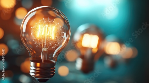 A glowing light bulb is sharply in focus, set against a backdrop of warm bokeh highlights, symbolizing innovation, inspiration, and modern ideas. photo