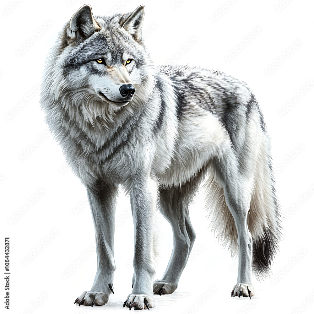 Fototapeta premium Majestic white wolf standing proudly in a snowy landscape during winter showcasing beautiful fur and keen gaze