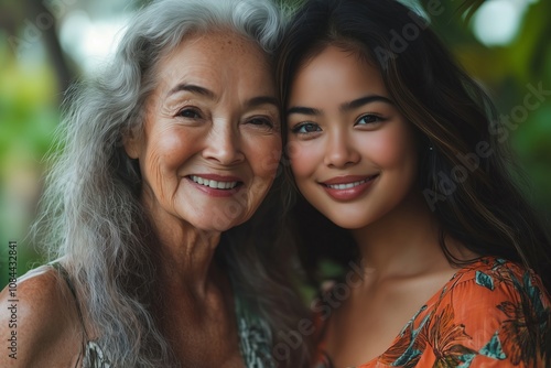 Two women are smiling at the camera. One is older and the other is younger. They are both wearing orange clothing