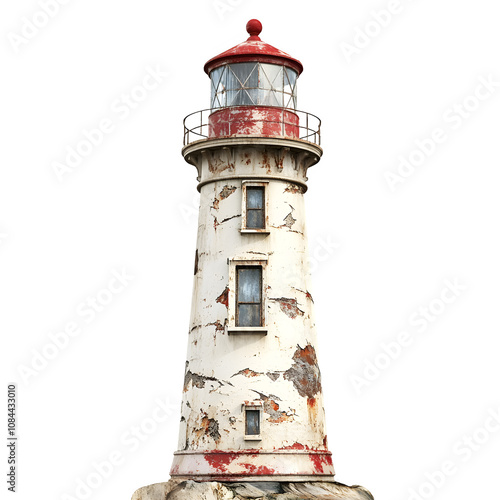 Aged lighthouse with chipped paint, perched on a rocky outcrop, set against a clear background, ideal for nautical and shoreline themes photo