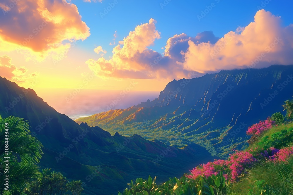 Fototapeta premium A beautiful mountain range with a blue ocean in the background. The sky is filled with clouds and the sun is setting. The mountains are covered in lush green trees and the flowers are in full bloom