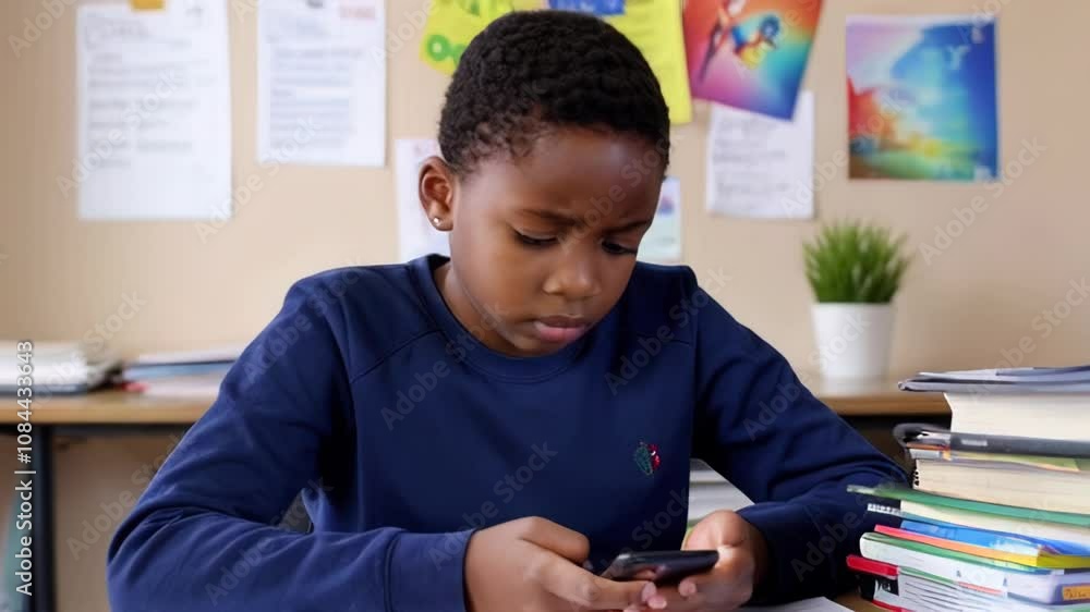 Young boy sitting at a school desk focused on a smartphone, representing education, technology, and distraction, ideal for concepts like learning challenges or digital dependency