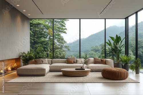 sleek minimalist living room design showcasing a harmonious blend of modern furniture, soft tones, and abundant natural light, creating a serene and elegant space for relaxation